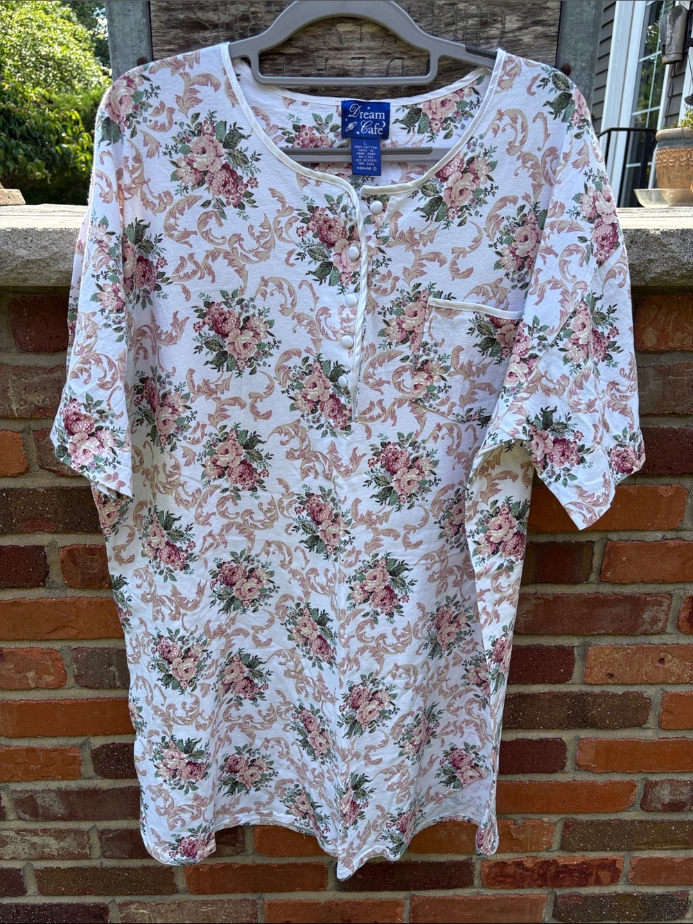 Dream Cafe Floral Henley Nightshirt - White with Pink & Green Roses